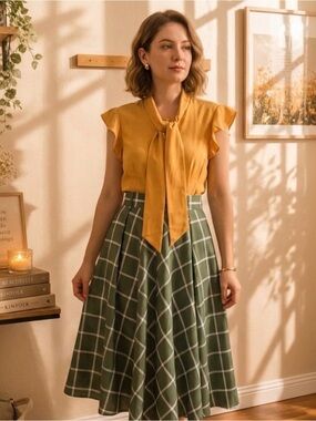 Green Windowpane Midi Skirt - Classic A-Line and Yellow Button Down Top